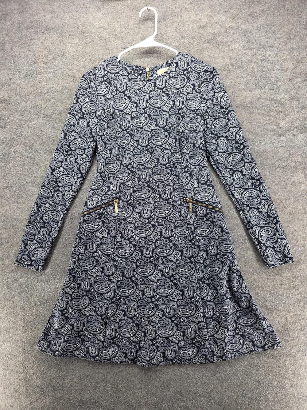 Michael Kors Dress Womens 4 Black White Paisley Long Sleeve Zip Pockets Classic